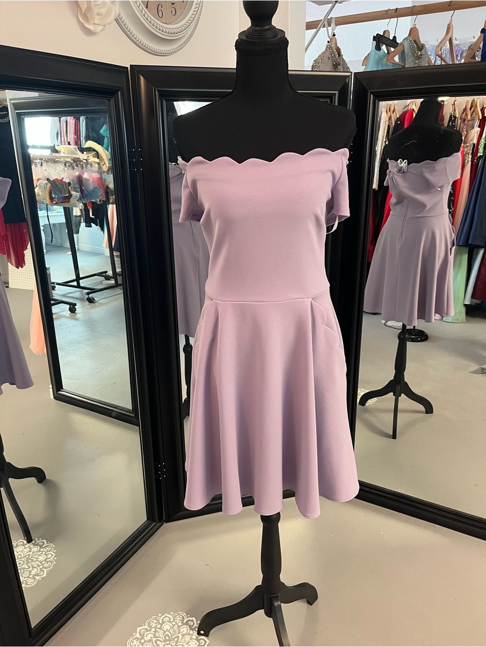 B Darlin Lavender Off-Shoulder Scallop Neck Dress